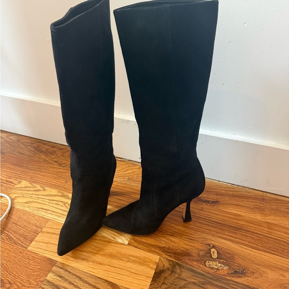 Stuart Weitzman Black Suede Knee-High Pointed Toe Boots